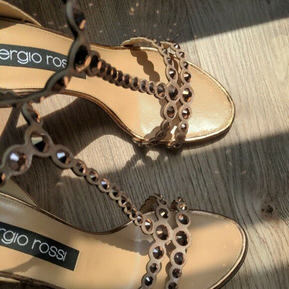 Sergio Rossi Crystal Stud Rose Gold Strappy Stiletto Heels - Picture 8 of 12